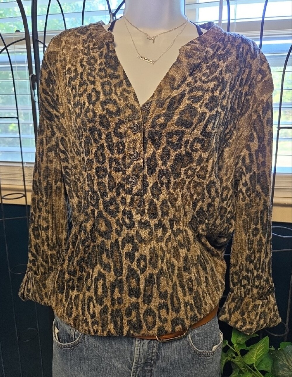 new directions Leopard Print V-Neck Button Front Blouse in Brown and Black
